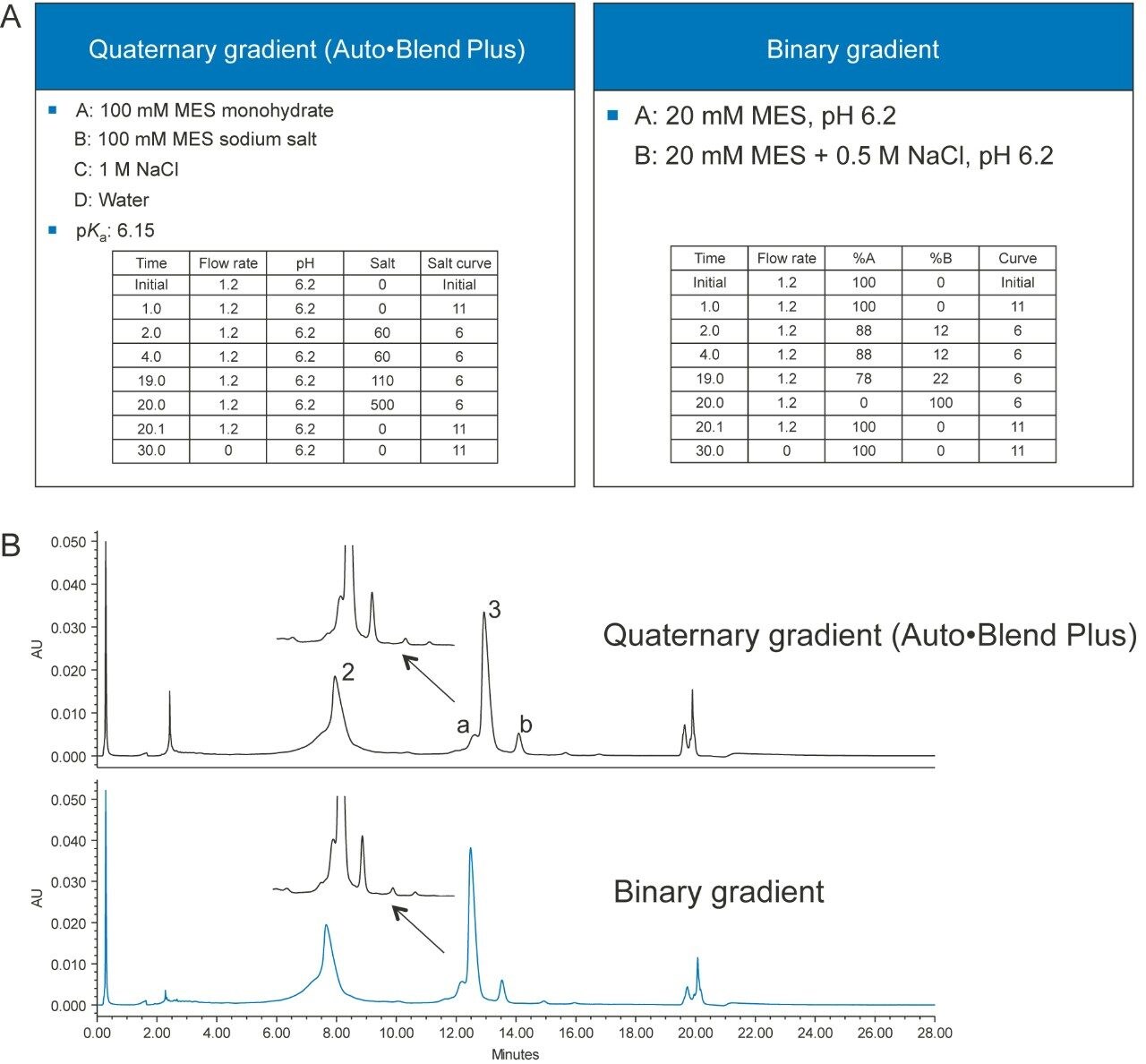 (A) Comparison of an Auto•Blend Plus method with a conventional method. (B) Comparison of chromatograms obtained from an Auto•Blend Plus method and a conventional method.