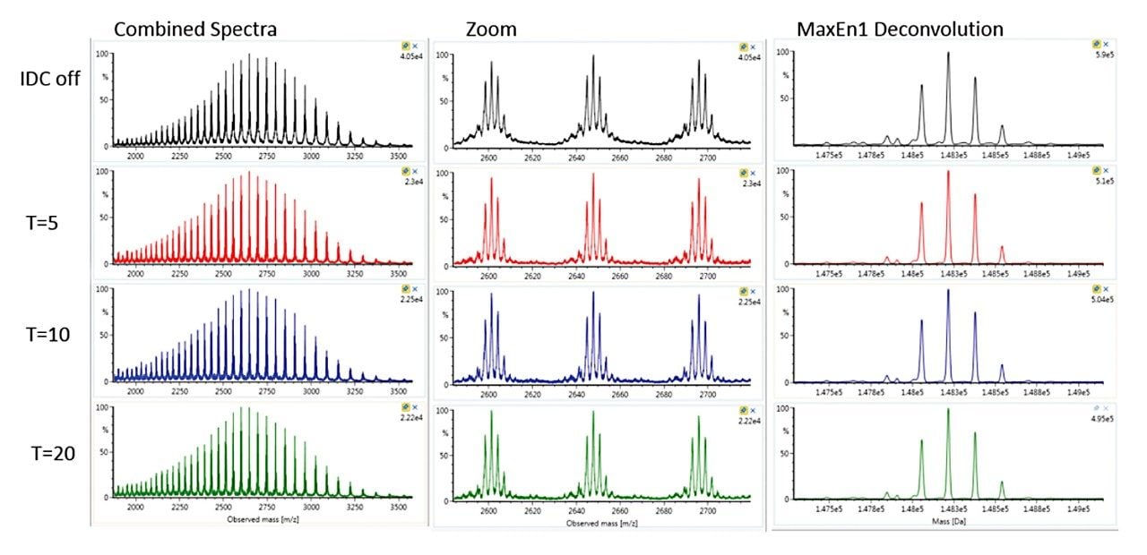 Combined MS spectra, zoom, and corresponding MaxEnt1 deconvoluted masses of trastuzumab
