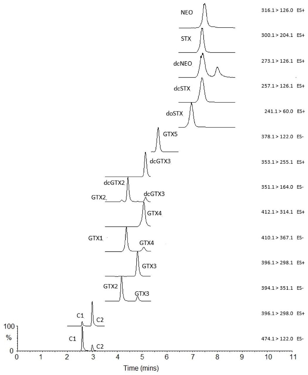 Chromatograms showing peaks for primary transitions.