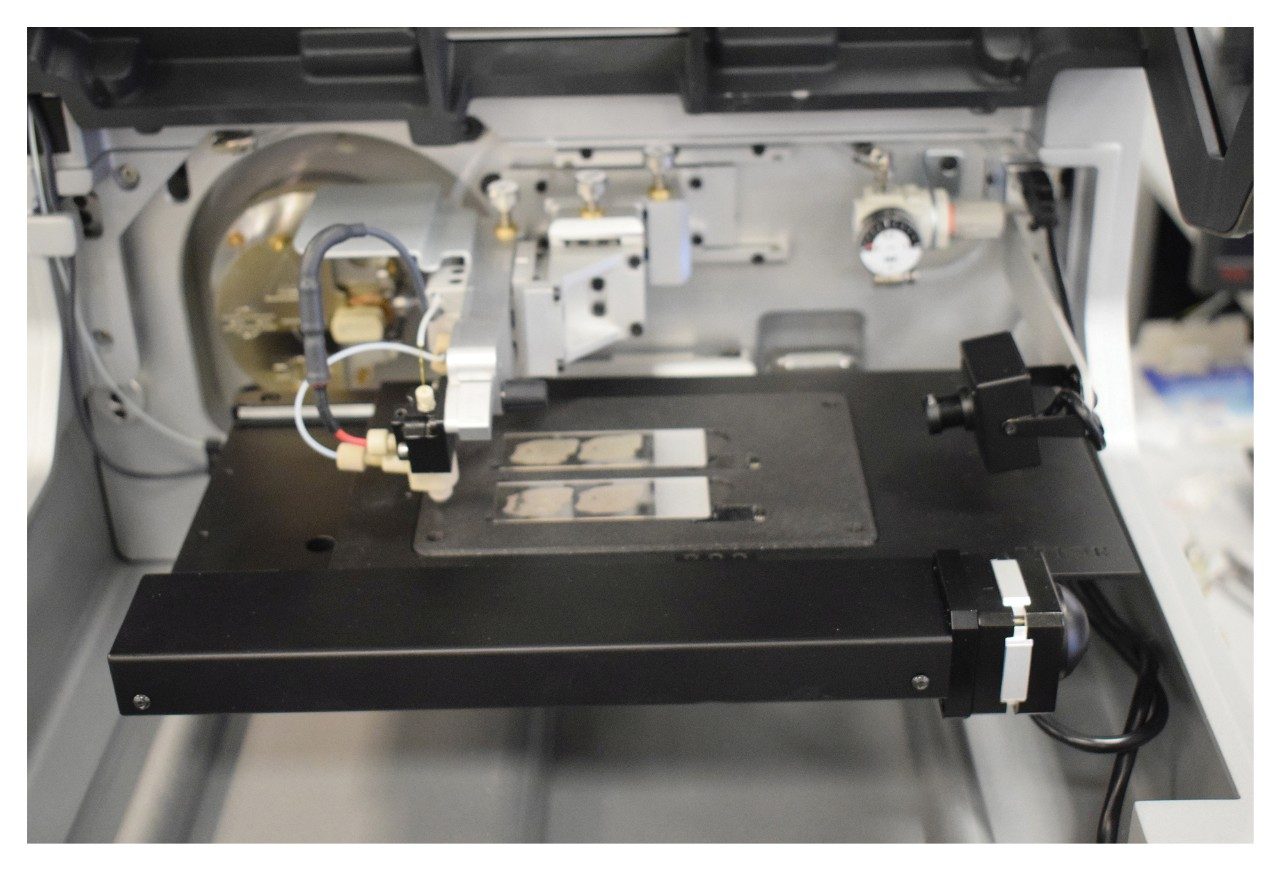 DESI XS internal view showing stage with glass slides