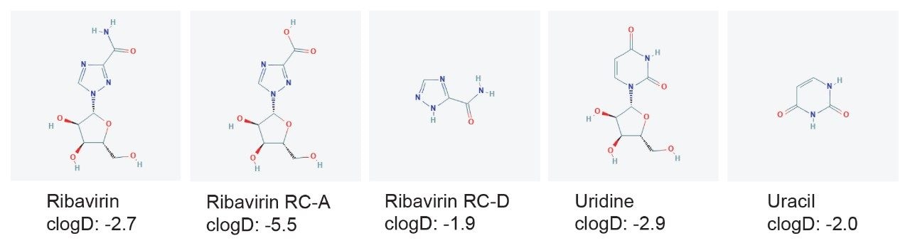 Structure and cLogD values of ribavirin and related compounds.