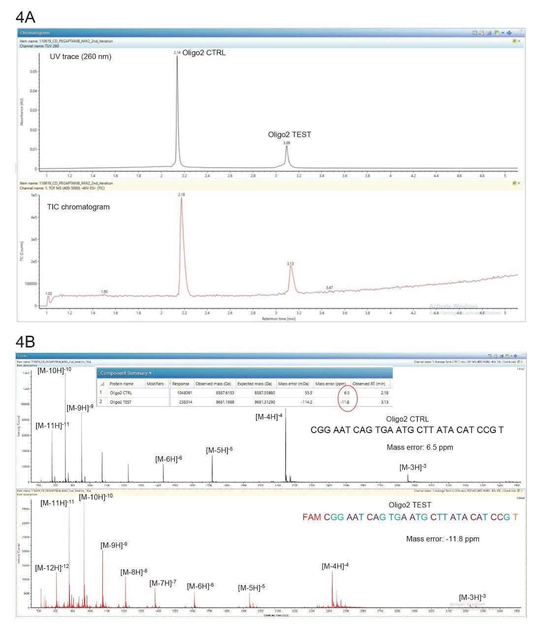  (A) TUV and TIC chromatograms showing the separation of the Oligo2 oligonucleotides; (B) ESI-MS spectra.