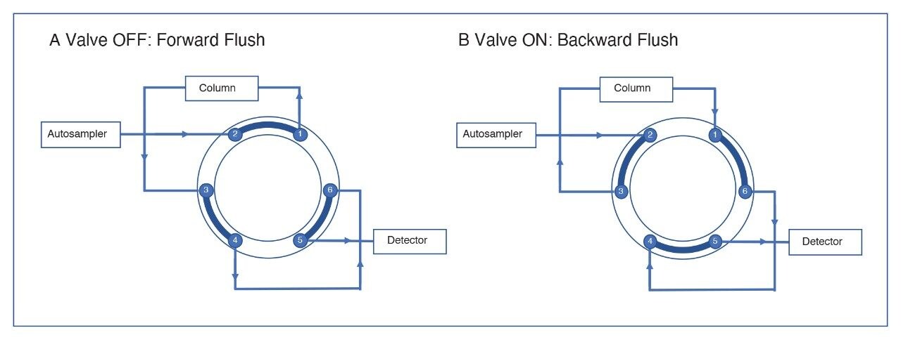 Simplified valve schematic demonstrating the configuration of the Waters Two-Position Six-Port Switching Valve.