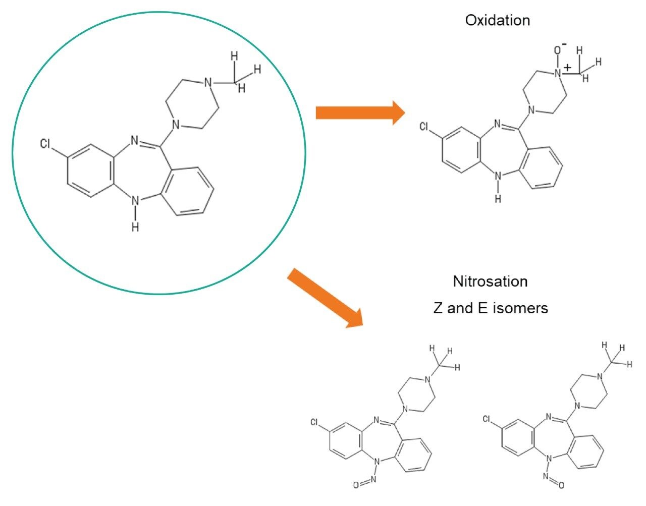 The structure of clozapine and its degradation pathways