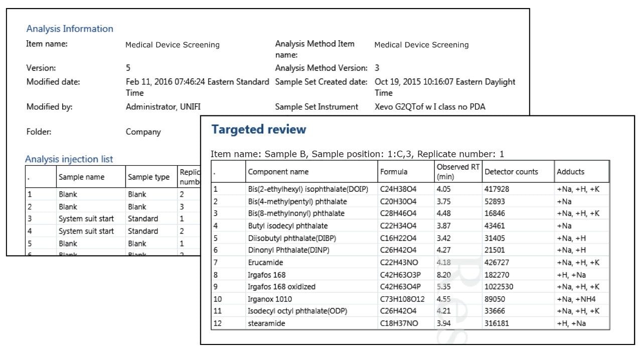 Report examples for analysis information and target summary.