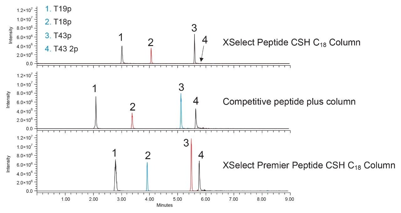 Separation of four phosphopeptides on three columns