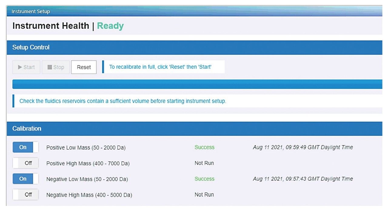 Easy-to-use instrument health display for users as part of SmartMS technology to configure calibration routines and start instrument setup