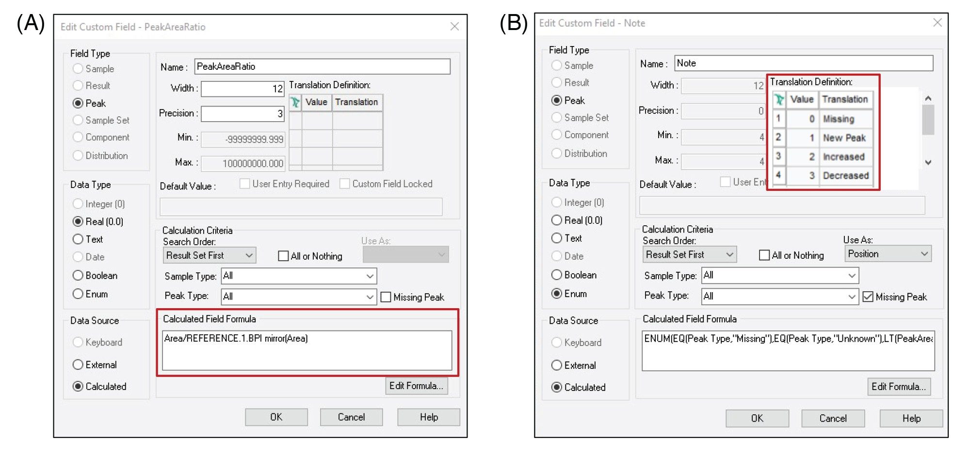 Custom fields to calculate (A) peak area ratio between sample and reference and (B) note to evaluate if thresholds have been exceeded. For guidance with how to enter formulas for custom fields, please contact your Waters representative