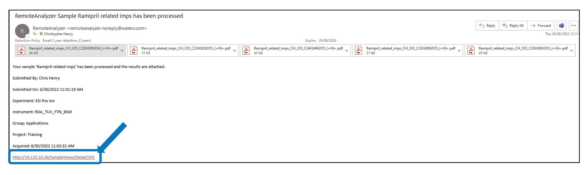 Example email containing results in pdf. format and link to interactive results page