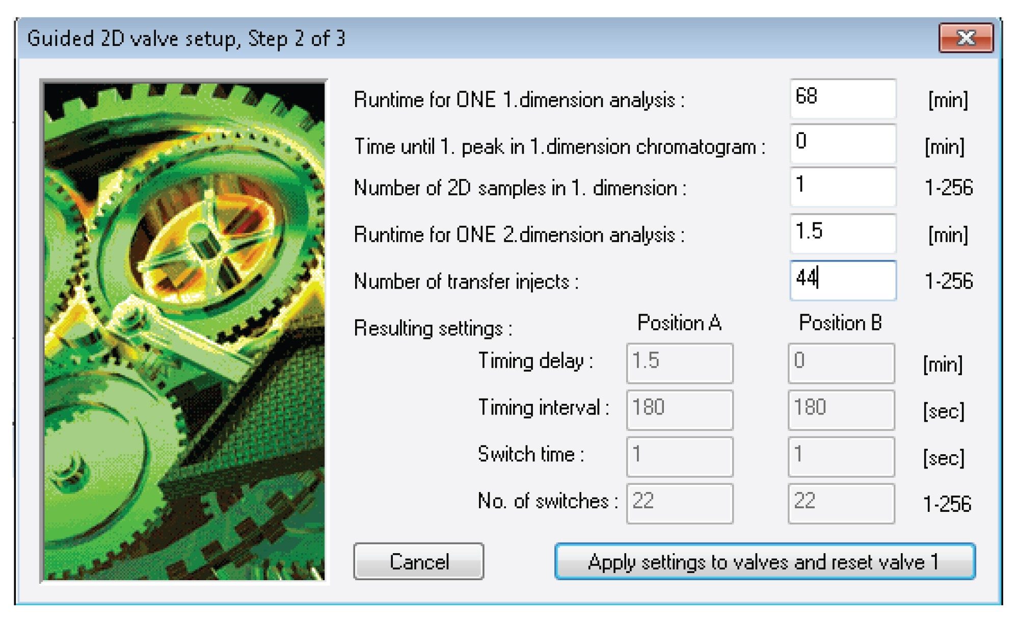 Window in the guided 2D valve setup window where calculated parameters are entered for one of the trial runs