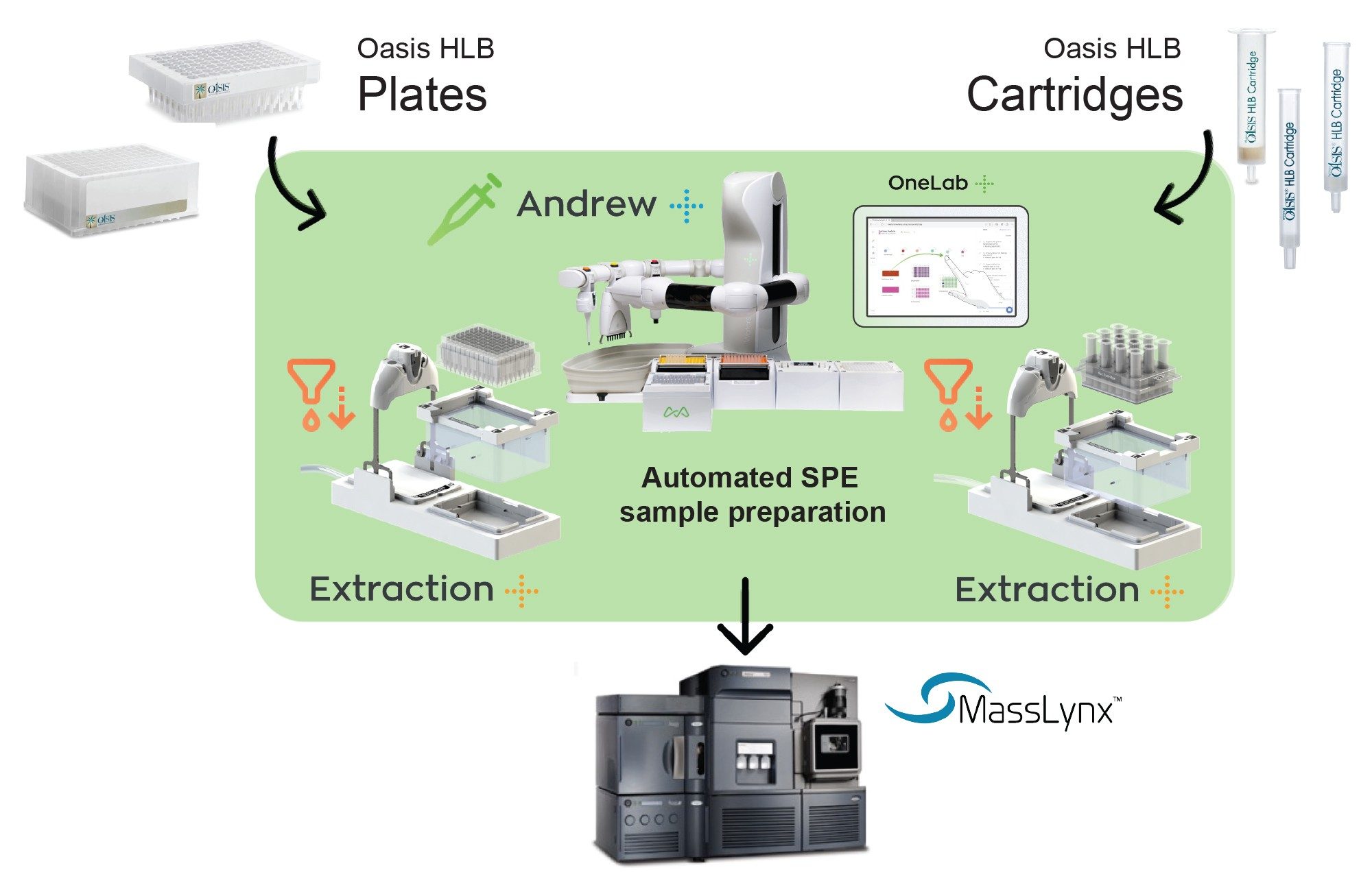 Graphical illustration of the automated SPE sample extraction and LC-MS analysis workflow
