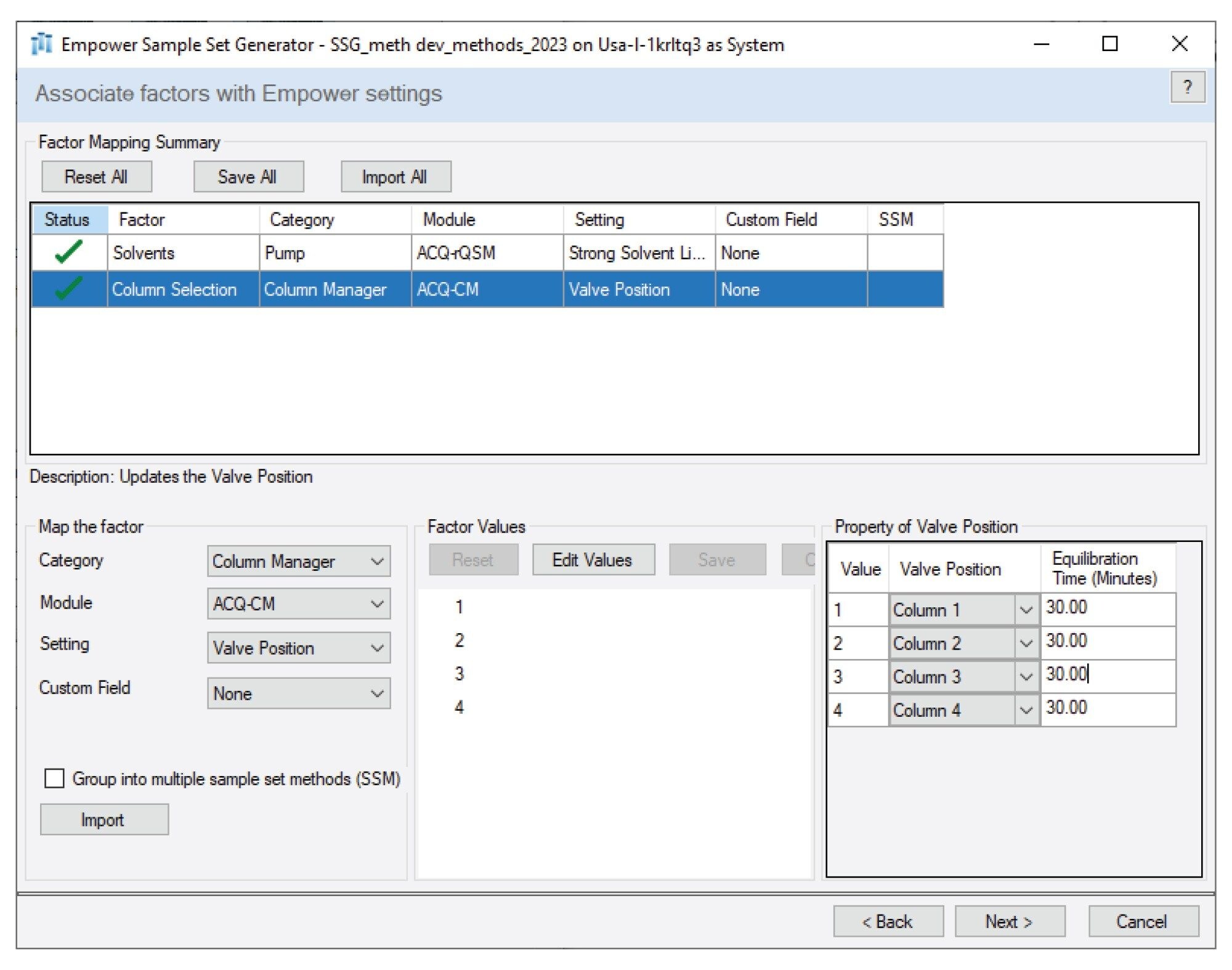  Empower SSG. Settings for column selection: column manager and valve position