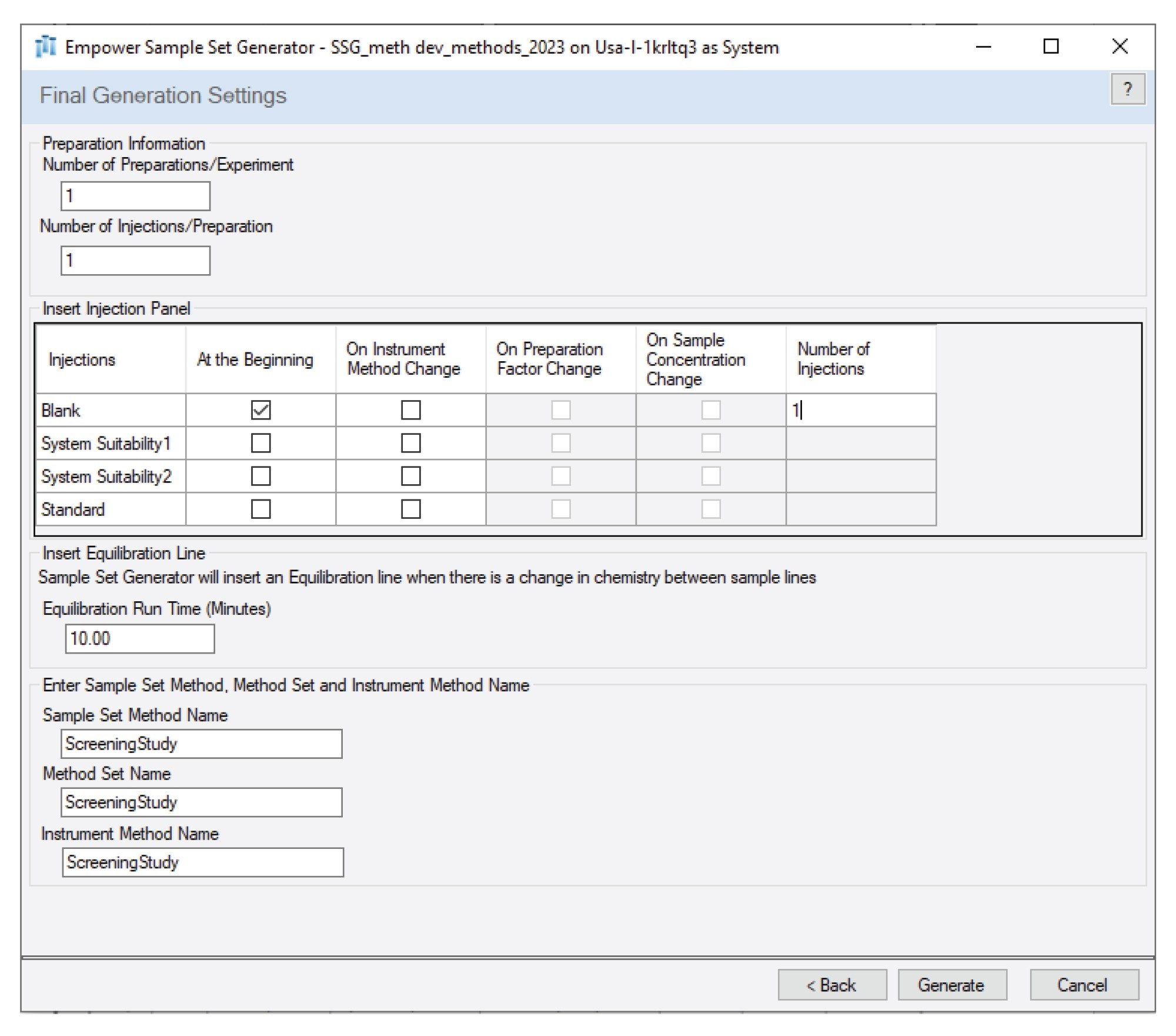 Empower SSG. Final settings for generation of chromatographic method including sample preparation information, injection panel (blank, system suitability, standard), equilibration time, and names for the methods
