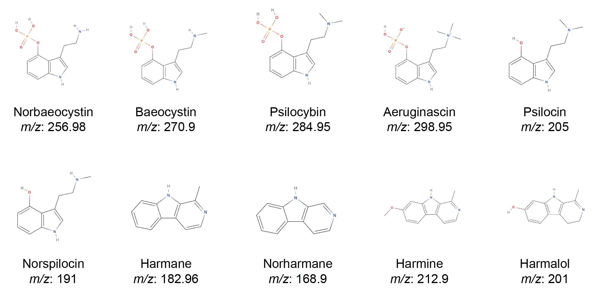 Chemical structures and corresponding m/z of all ten compounds used in this study