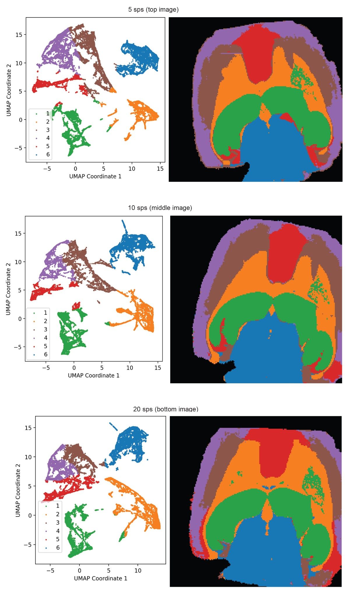 Results of segmentation analysis for 5five scans per second (top) 10 scans per second (middle) and 20 scans per second (bottom)