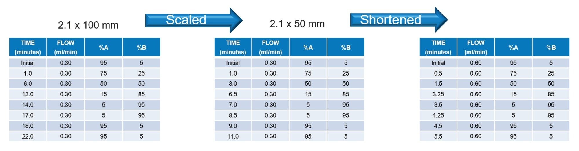 UHPLC scaled and shortened reversed phase gradients