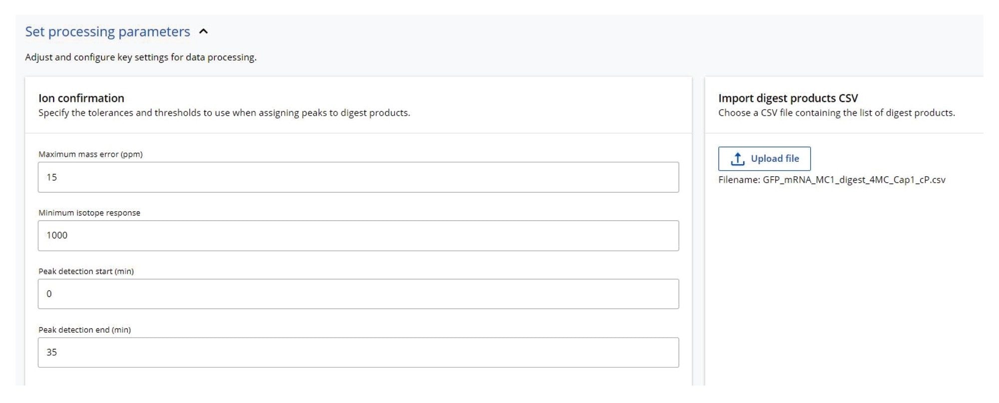 MAP Sequence processing parameters. This app uses the in-silico