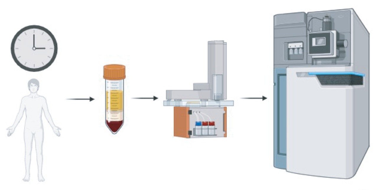 Study design workflow where serum samples were collected across a time course and prepared for LC-MS analysis