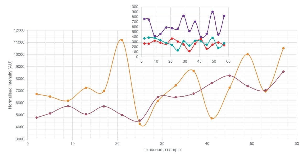 Normalized intensity of five different proteins from a single patient across a time course