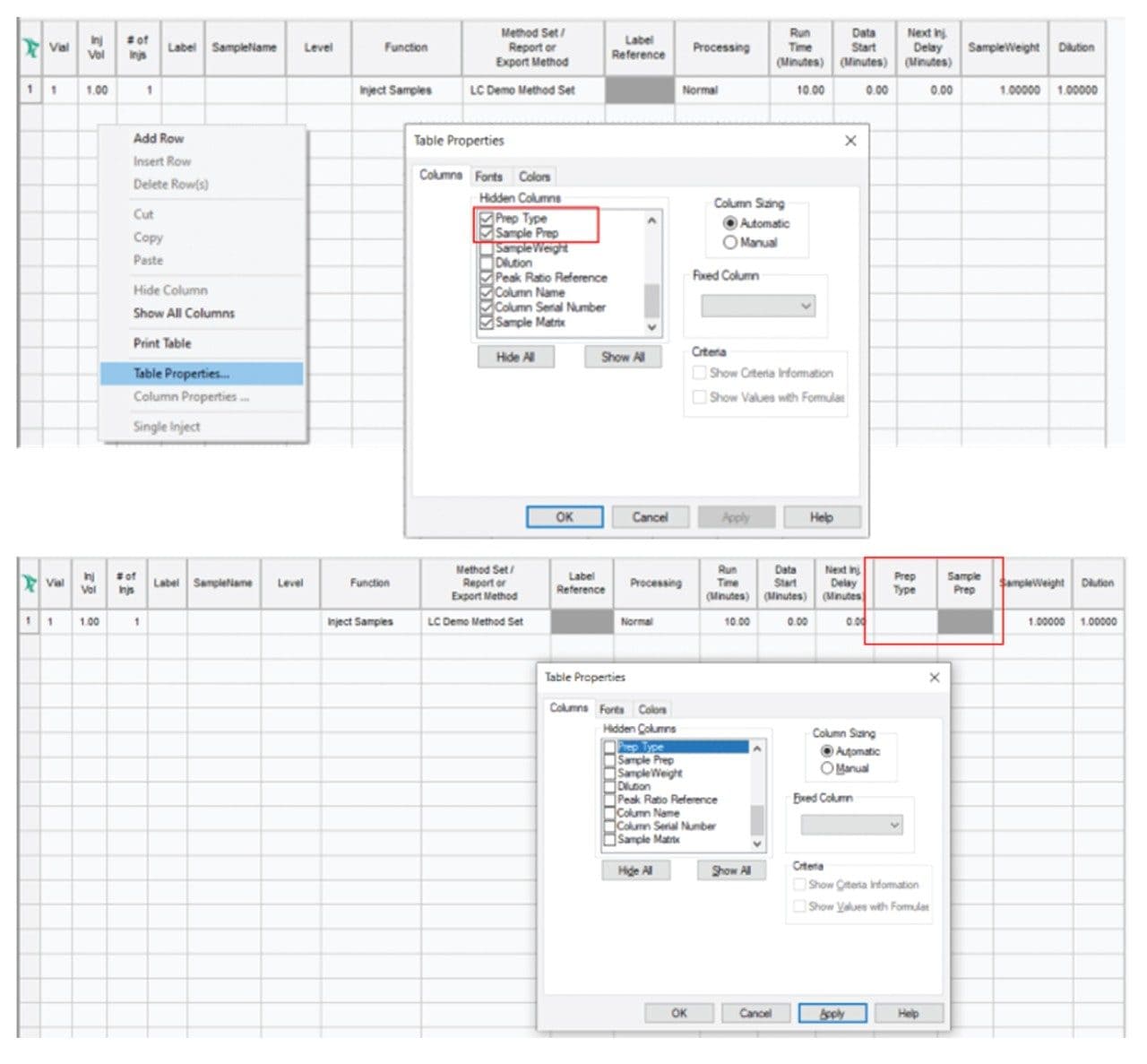 Accessing the Prep Type / Sample Prep columns