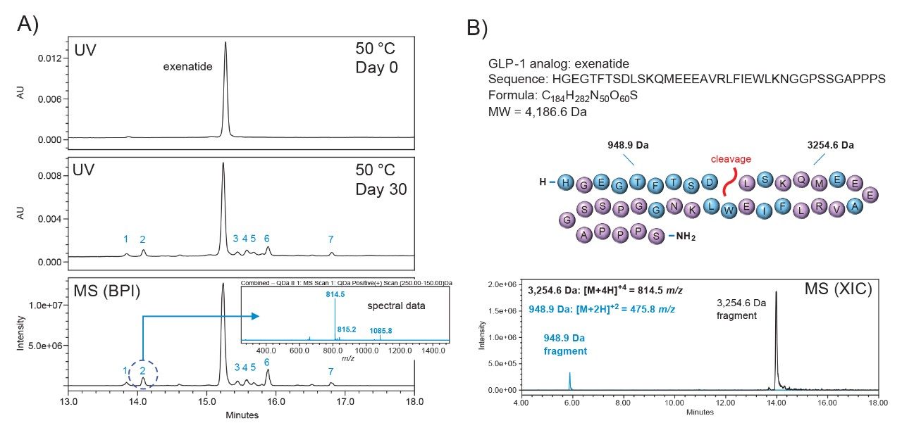 (A) An Exenatide control sample (top panel) was exposed to thermal stress for a 30-day period (middle panel) with 7 “new” peaks observed in the stressed sample. Spectral data was used to calculate the observed mass of each peak for putative identity of degradants (bottom panel). (B) As an example, peak 2 was determined to have an observed mass of 3,254.1 Da. which correlates to a non-enzymatic cleavage occurring between aspartic acid and lysine residues based on GLP-1 sequence information and was confirmed with retention time and mass using extracted ion chromatograms