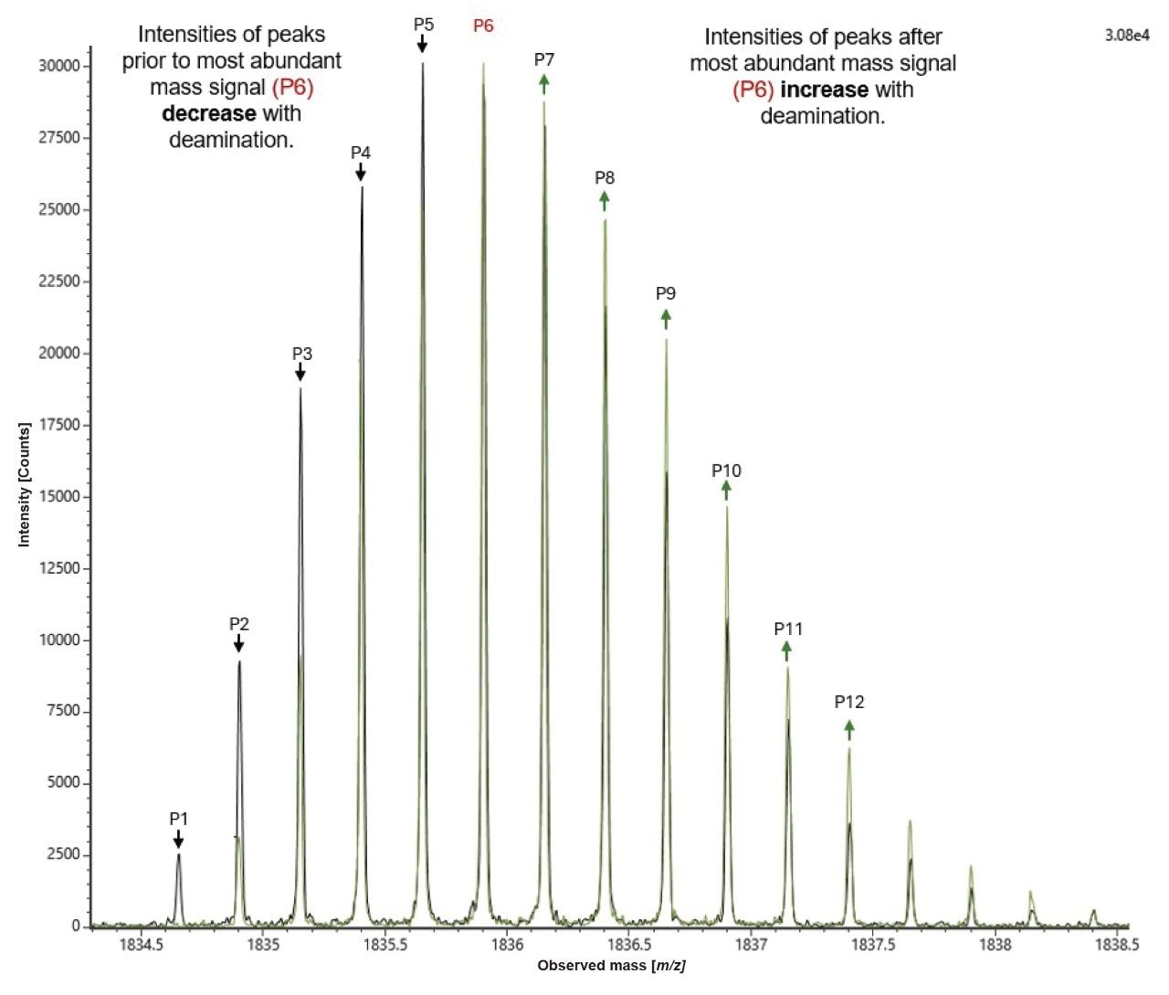 High resolution mass spectra of an unmodified oligonucleotide (black trace) and near isobaric singly deaminated degradation product (green trace)