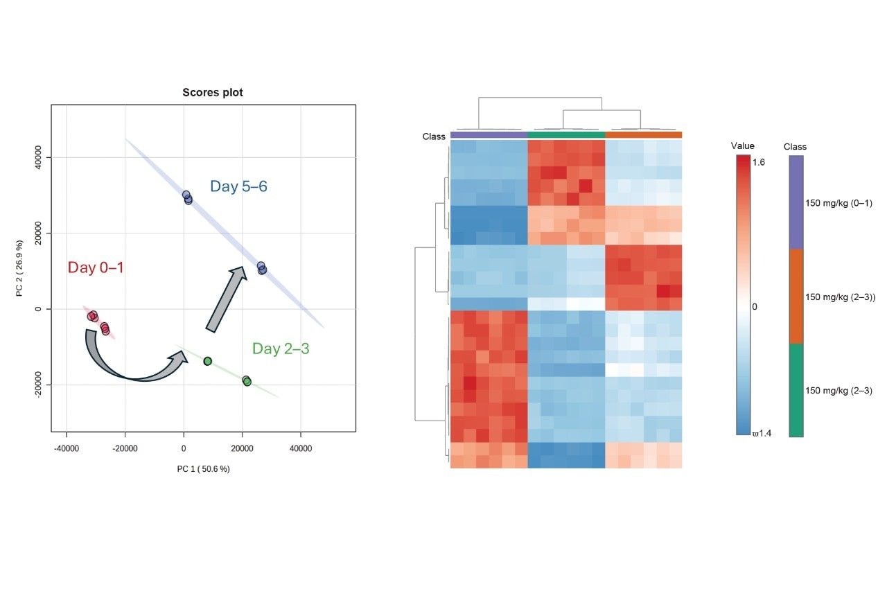 Multivariate statistical analysis highlighting differential features based on time trajectory.