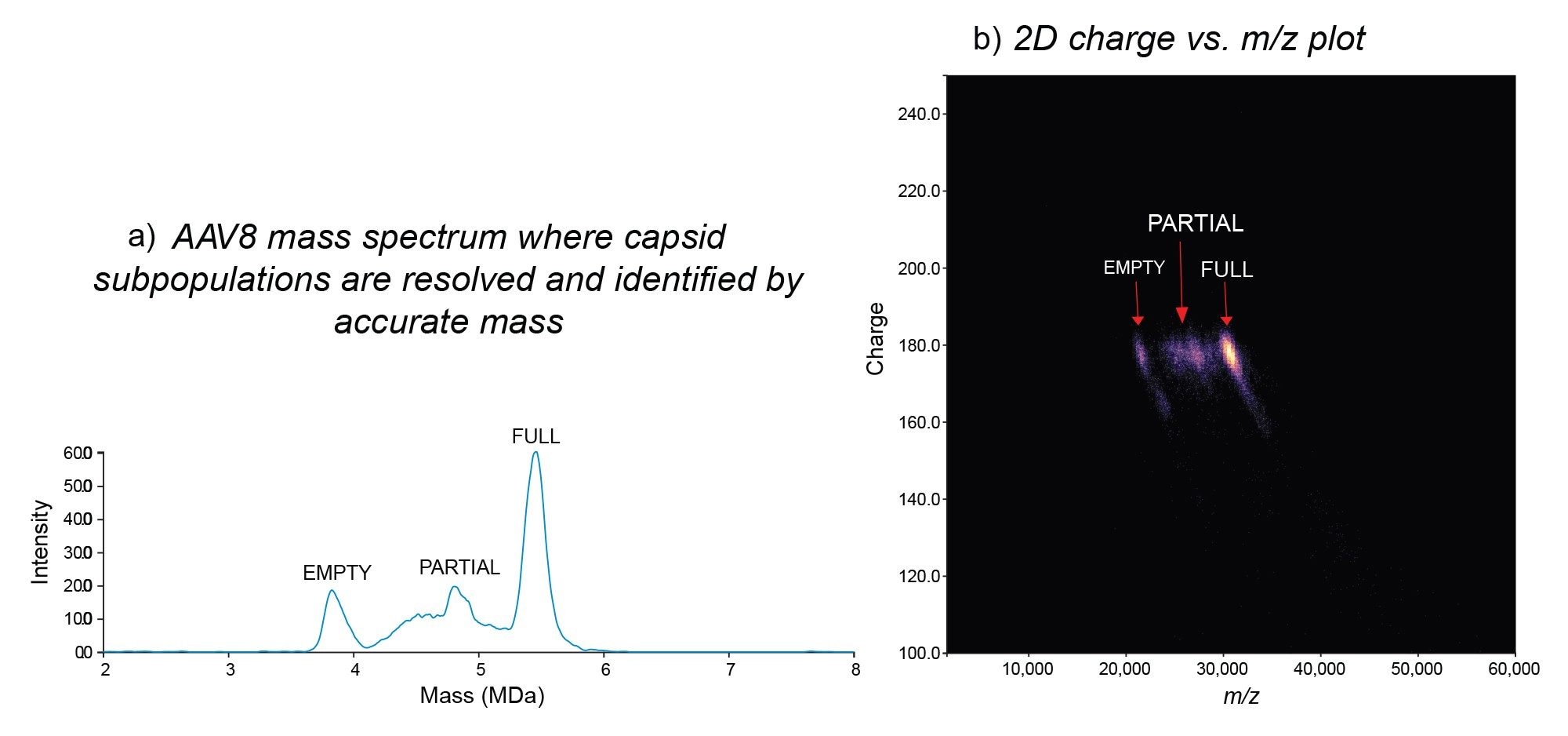 a) Mass spectrum and b) 2D charge vs. m/z density plot of an AAV8 full capsid after storage at 4 °C. Distinct capsid subpopulations are resolved and identified (a). The density plot (b) also provides charge information, enabling deeper characterization of the sample