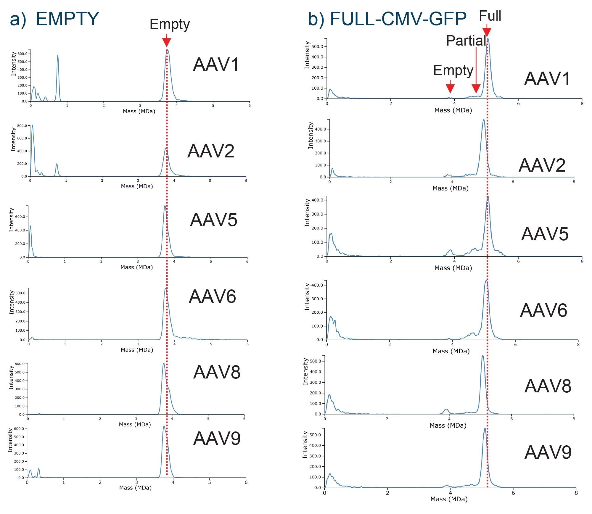 Mass spectra of AAV capsids from various serotypes: a) empty capsids and b) AAV-CMV-GFP full capsids. Slight variations in mass measurements across serotypes are indicated by the dotted red line. Mass distributions corresponding to low levels of empty and partially filled capsids are also successfully detected in (b)