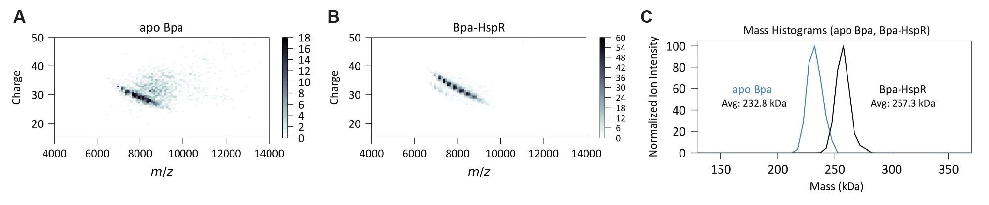 2D charge vs. m/z density plots of A) apo Bpa and B) HspR (substrate)-bound Bpa