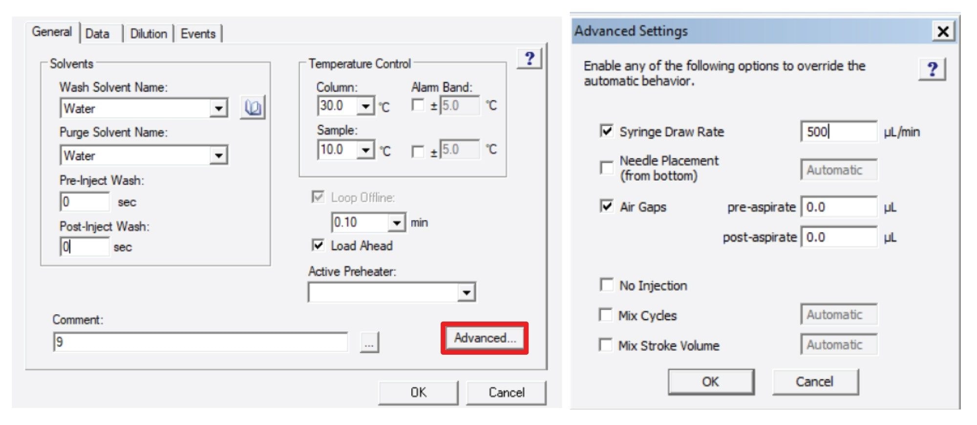 Screen capture of the Sample Manager Panel in the inlet method editor