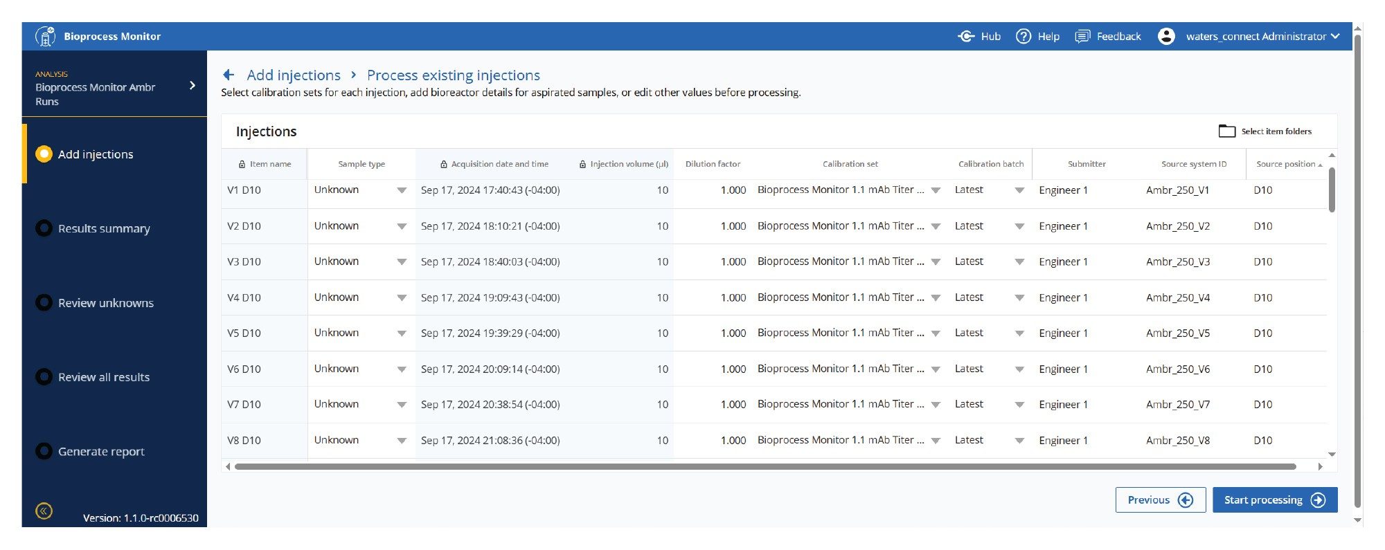 Injection list for Ambr 8 vessel run with daily sampling over 2 weeks