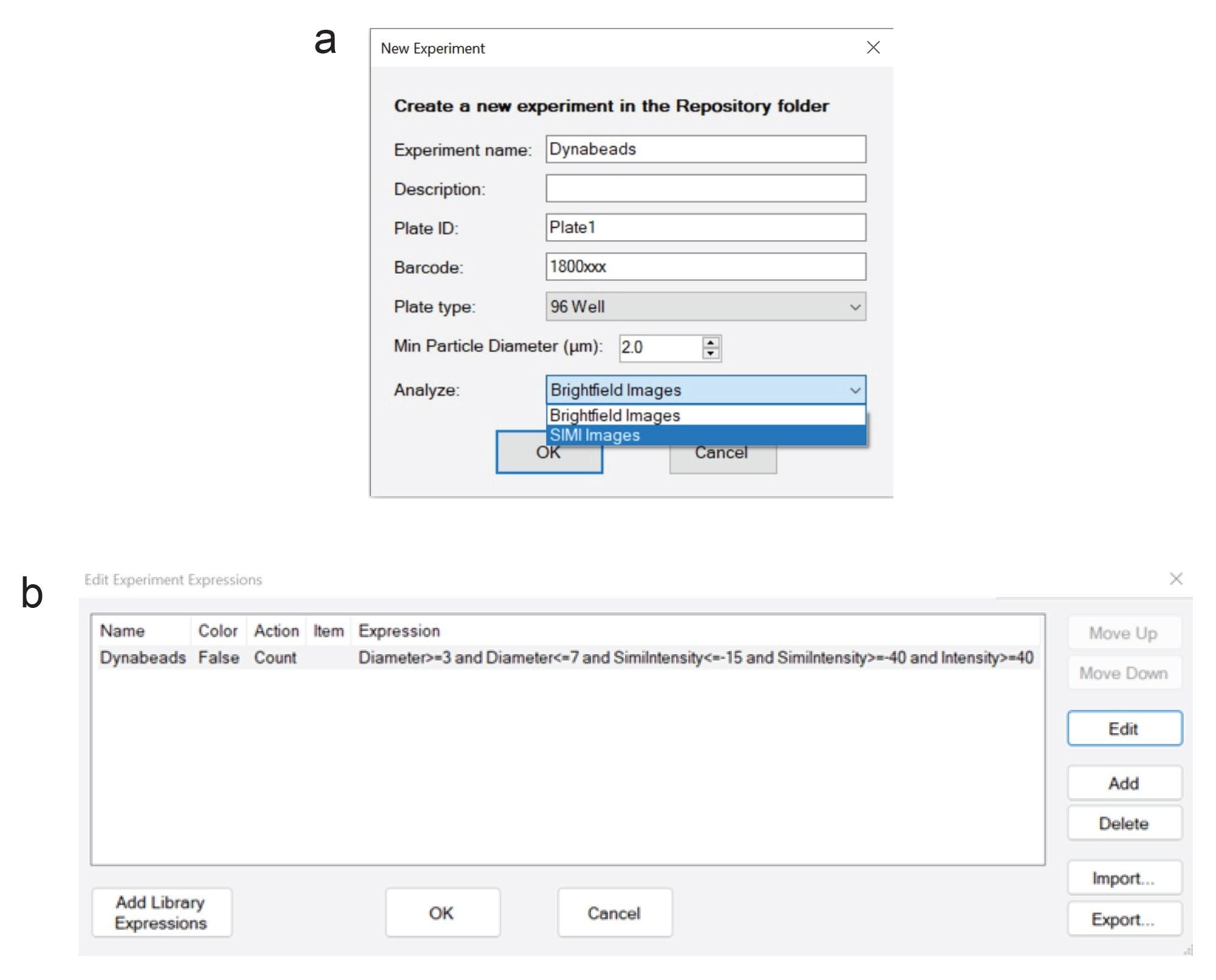 Particle Vue Software settings for Dynabead analysis. (a) Dynabead analysis setup: select SIMI images in “Analyze” drop down menu. (b) Expression used to detect Dynabeads in Particle Vue Expression Engine