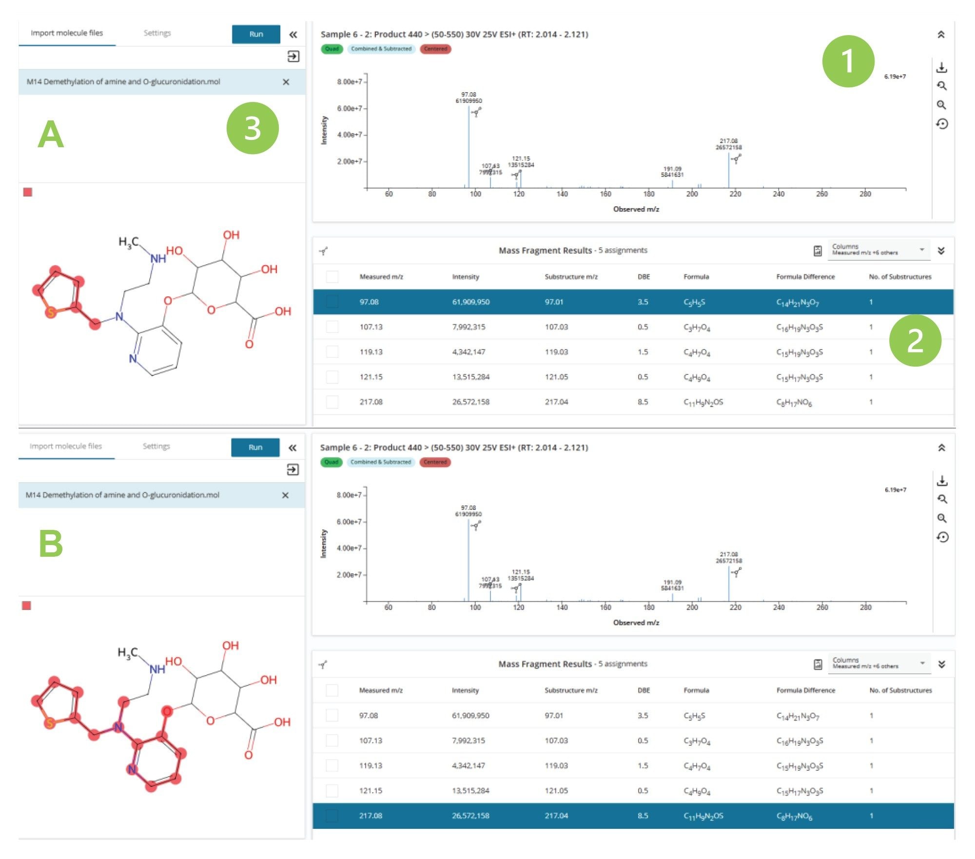 Mass Fragment evaluation of the metabolite