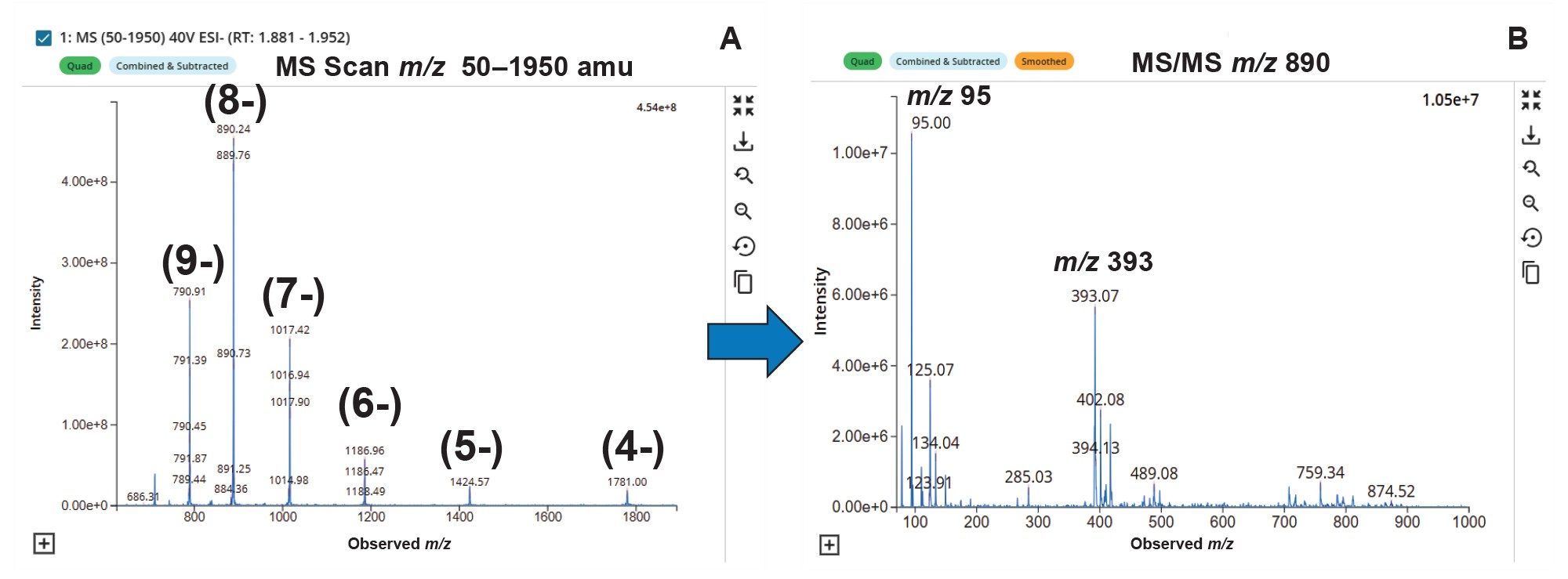 (A) MS spectrum following an MS scanning experiment (50-1950 amu) showing the charge states of the nusinersen standard. (B) Targeted MS/MS of m/z 890, the [M-8H]8- charge state showing the product ion spectrum obtained
