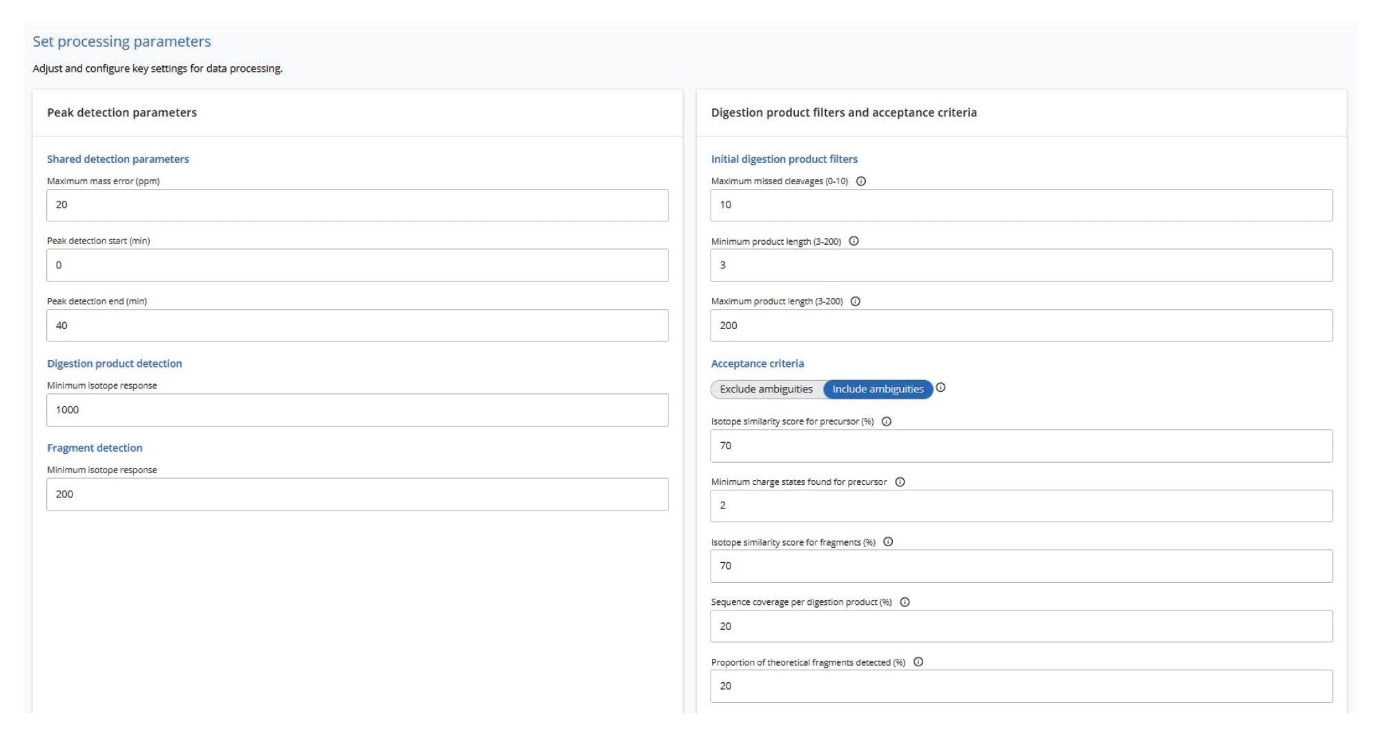 MAP Sequence App (v2.0) processing parameters typically used for the precursors and fragments of oligonucleotide digested products