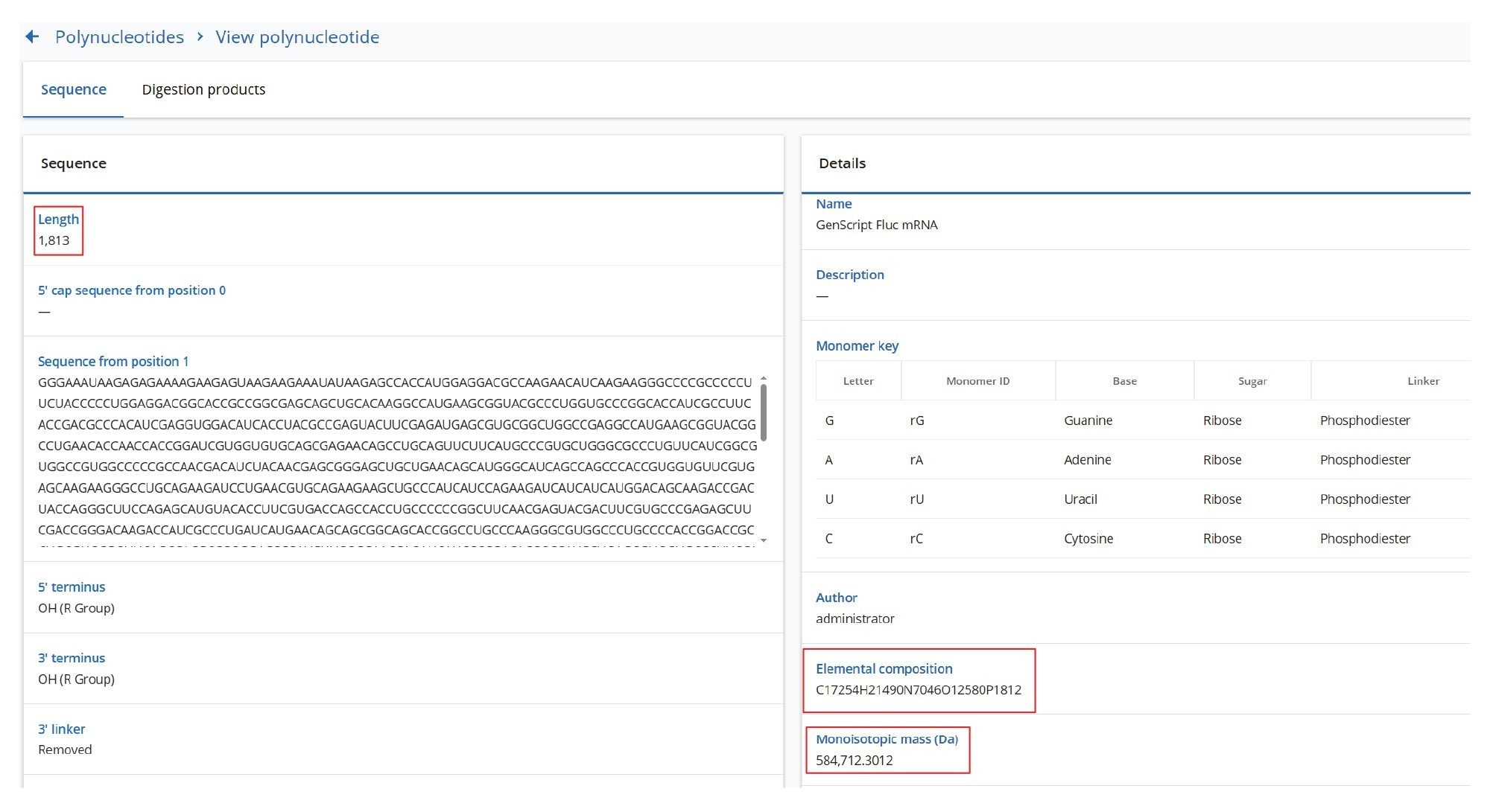 SYNTHETIC Library entry for Fluc mRNA. This molecule contains 1,813 nucleotides, excluding the Cap and poly(A) tail structures