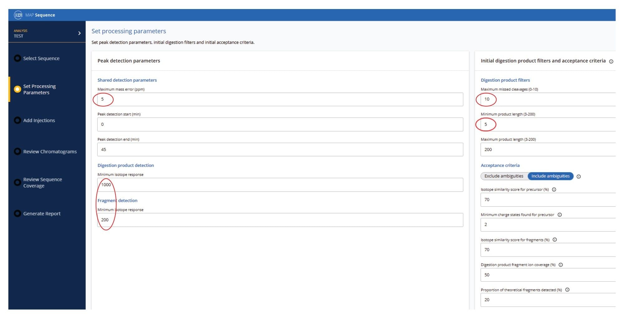 MAP Sequence App (v2.0) processing parameters used for the assignments of precursors and fragments of mRNA digested products