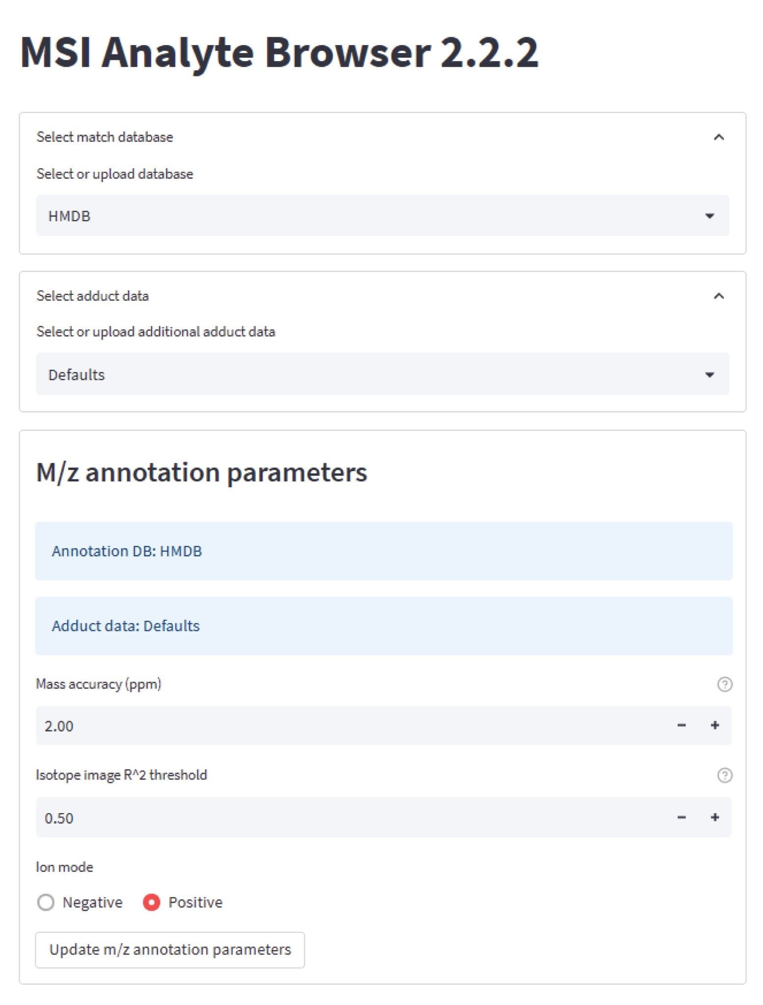Example of Waters Analyte Browser import settings for Xevo MRT MS acquired DESI data