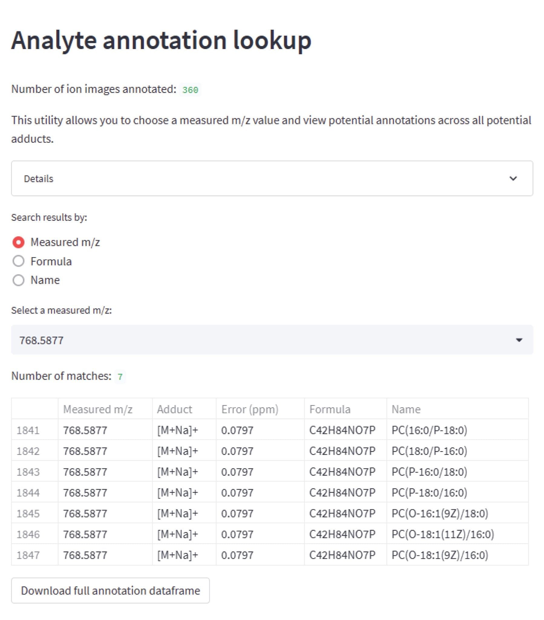 Example of Waters Analyte Browser interactive match data display