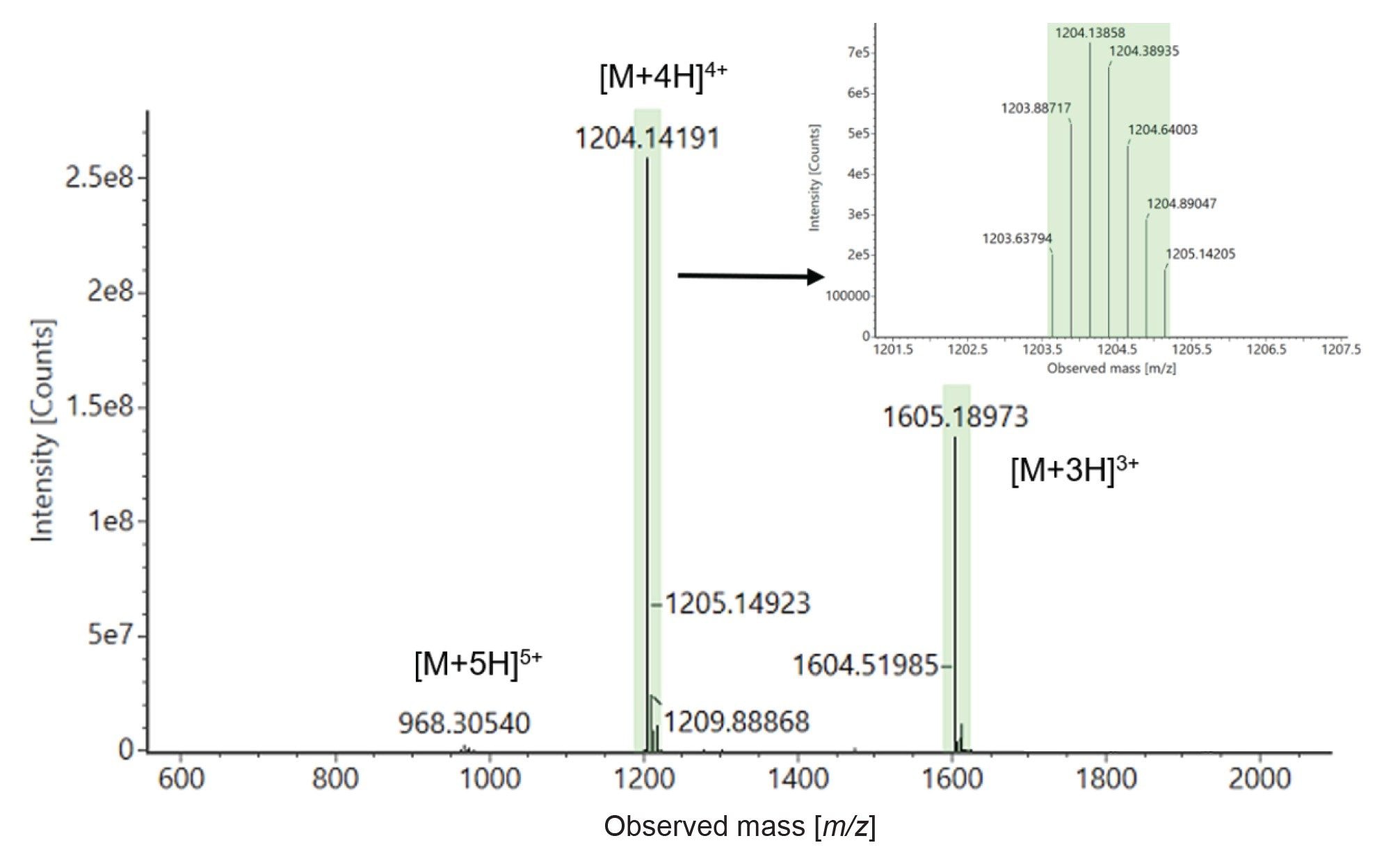 Example of deconvolved tirzepatide mass spectra with zoomed inset showing the isotopic distribution envelope of spectral peaks for the [M+4H]4+ charge state