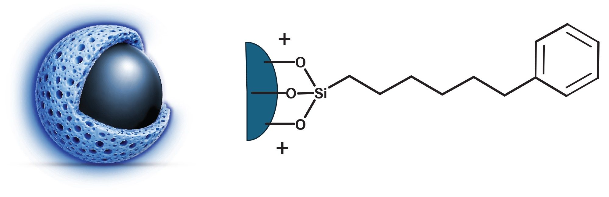 Waters GTxResolve Lipid Column Stationary Phase highlighting the superficially porous particle platform (left) with Phenyl-Hexyl+ (PH+) ligand (right)
