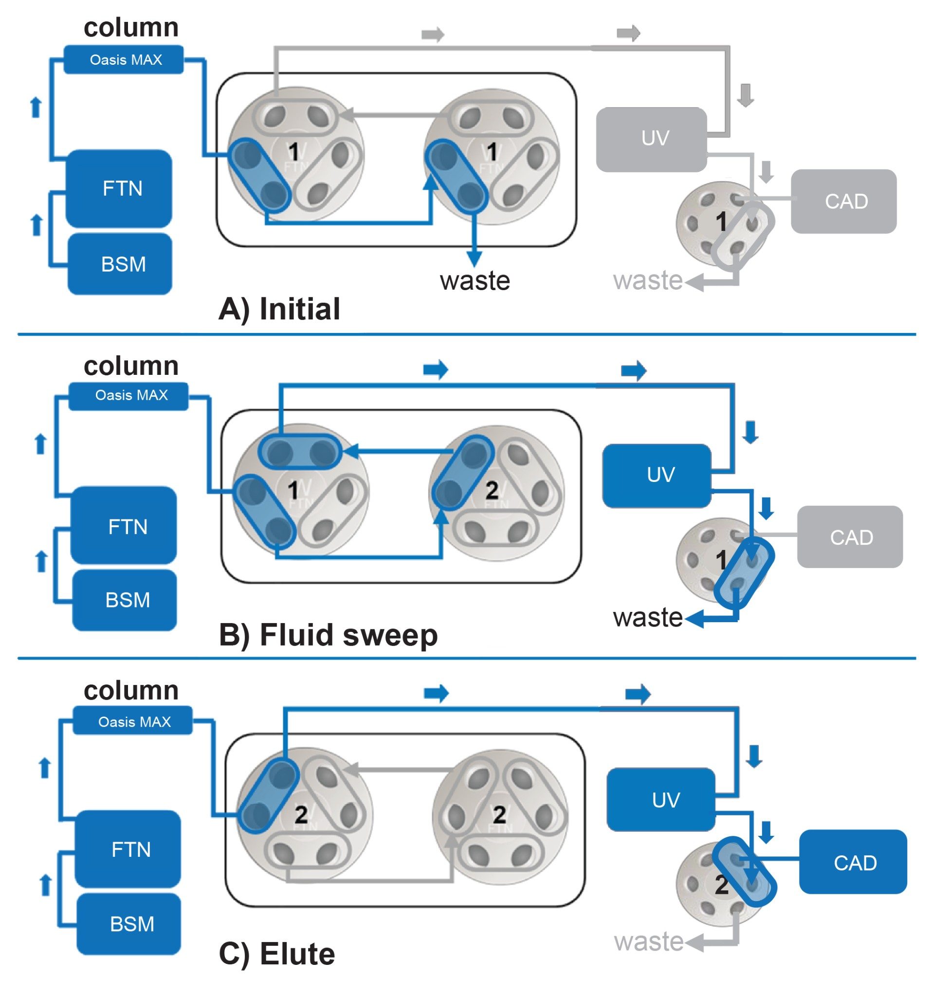 Schematic of the double-valve configuration in the column manager. Active flow paths are highlighted in blue and depict the routing of mobile phase to waste, the UV detector, and the CAD