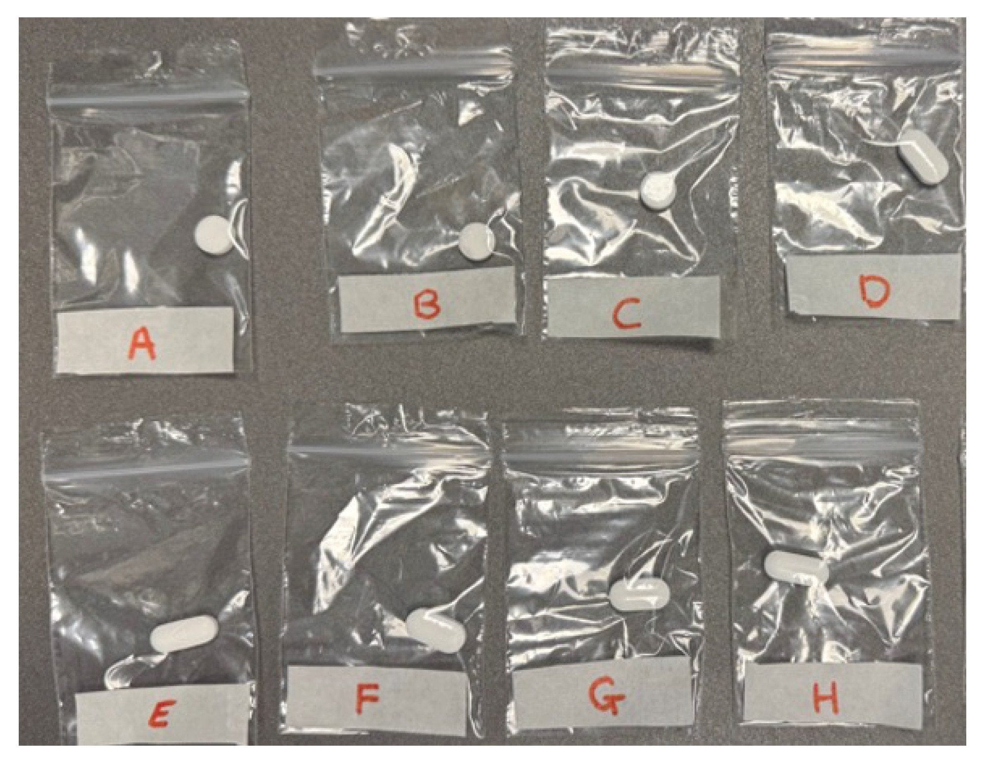 simulated seized drug samples contain tablets, A-C counterfeits paracetamol tablets, D-G commercial paracetamol and H paracetamol and caffeine