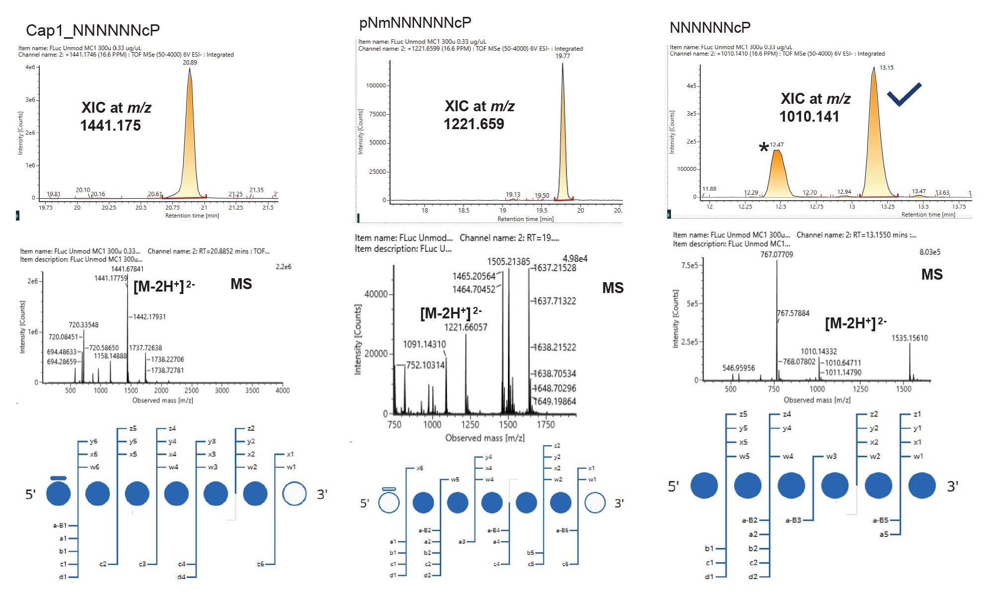 Characterization of different forms of 5’-capped or no cap oligonucleotides in the MC1 digest of unmodified FLuc mRNA