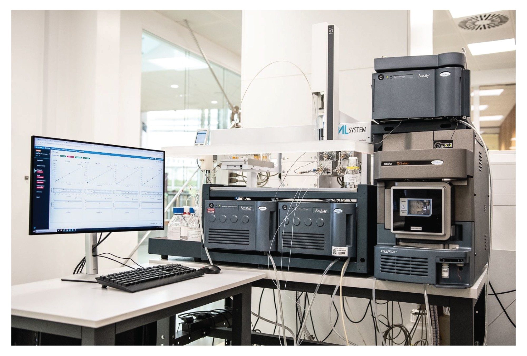 Automated Online SPE System including the CTC PAL RSi configured for 2D trap and elute coupled to Xevo TQ-S micro Mass Spectrometer  with Unispray ionisation under waters_connect for Quantitation Software Control