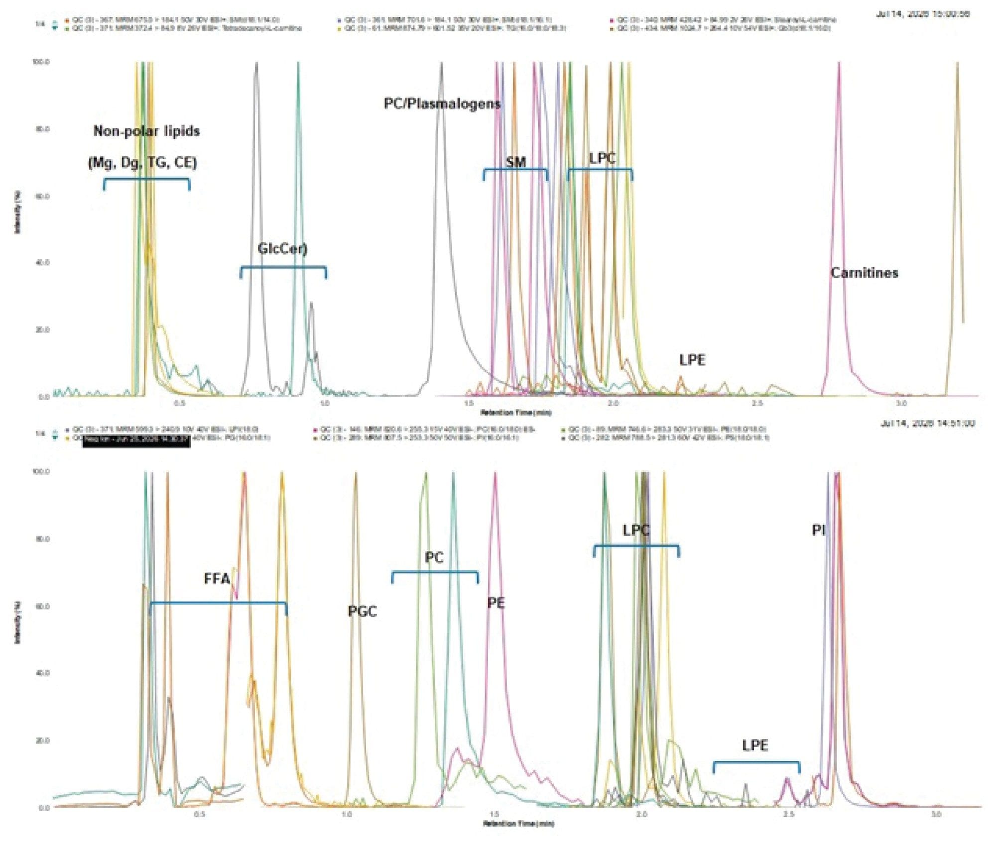Positive (A) and negative (B) ion chromatograms of control rat plasma