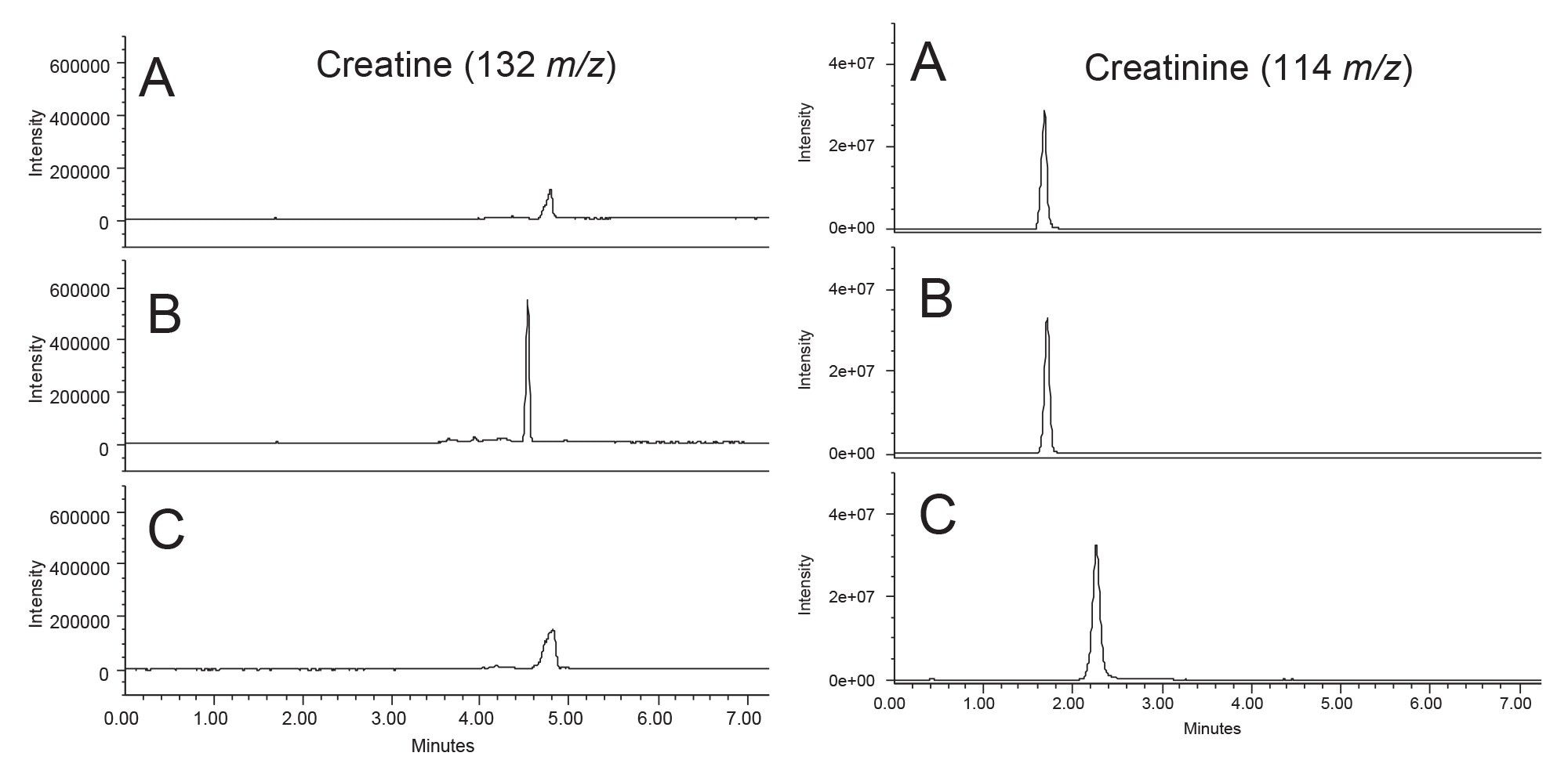 SIR chromatograms of creatine (left) and creatinine (right) on the BEH Amide Column (A), BEH HILIC Column (B), and BEH Z-HILIC Column (C)