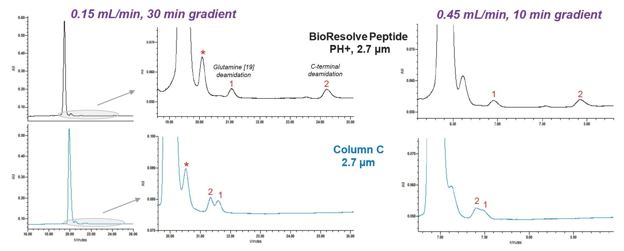 Separation of tirzepatide and two spiked-in impurities