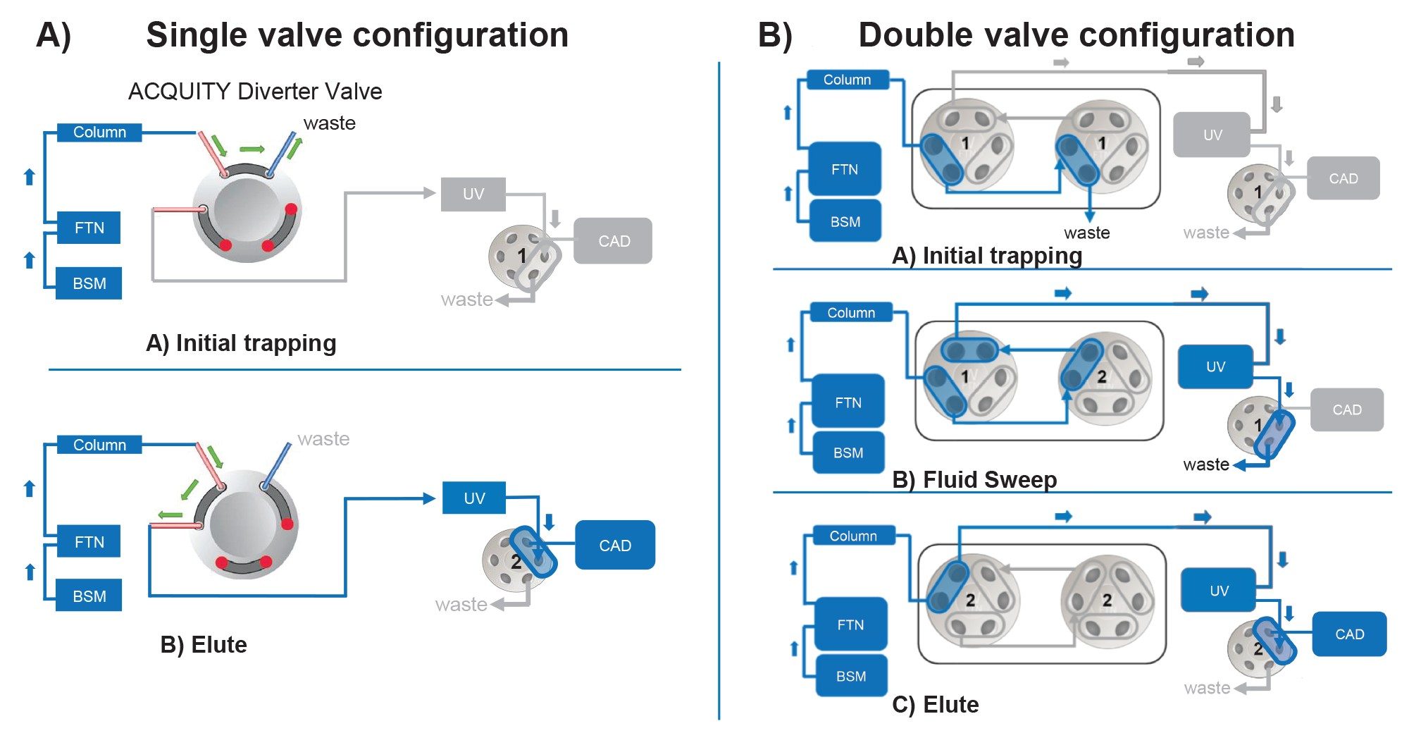 Schematic of single and double valve configurations used for the trap-and-elute polysorbate workflow